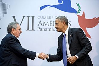 Handshake between the President and Cuban President Raúl Castro.jpg
