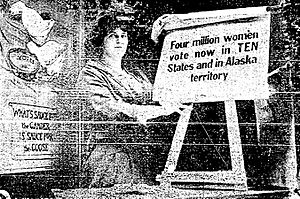 Marguerite Molliter in Gayety Theater in Cincinnati supporting women's suffrage in 1914