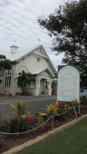 Our Lady Star of the Sea Catholic Church, corner of Goondoon Street and Herbert Street (view from Herbert St), Gladstone, 2014 (portrait)
