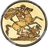 Gold coin showing a man, intended to be a knight, battling a dragon