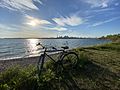 Bicycle and the setting sun, looking southwest from the Leslie Spit