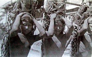 Enslaved natives with a load of rubber weighing 75 kilos, they have journeyed 100 kilometers with no food given