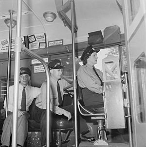 Esther Bubley - An instructor of the Capitol Transit Company teaching a woman to operate a one-man streetcar