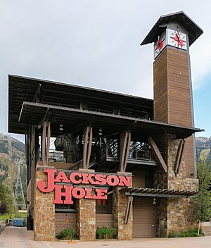 Clock tower and tram station in Teton Village