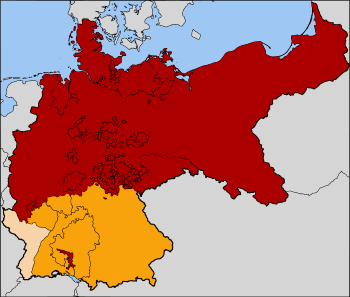The North German Confederation (red). The southern German states that joined in 1871 to form the German Empire are in orange. Alsace-Lorraine, the territory annexed following the Franco-Prussian War of 1871, is in a paler orange.