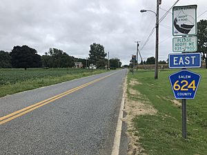 2018-09-10 14 28 29 View east along Salem County Route 624 (Fort Elfsborg Road) just east of Salem County Route 625 (Fort Elfsborg-Salem Road) in Elsinboro Township, Salem County, New Jersey