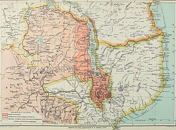 Map of southern Africa, 1897. The British Central Africa Protectorate is shaded dark pink.