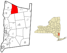 Left: Map of Dutchess County, New York with Milan highlighted.Right: Map of New York State with Dutchess County highlighted.