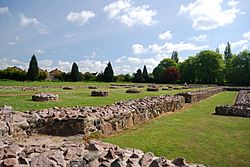 A contemporary photograph showing the low stone walls which plot the layout of the abbey's nave and cloisters.