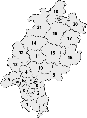 Map of Hesse with districts (with numbers)