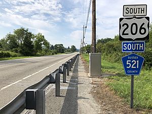 2018-07-27 09 26 58 View south along U.S. Route 206 and Sussex County Route 521 between Sussex County Route 656 (Shaytown Road) and Sussex County Route 675 (Degroat Road) in Sandyston Township, Sussex County, New Jersey