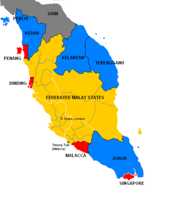 Malaya in 1922:       Unfederated Malay States      Federated Malay States      Straits Settlements