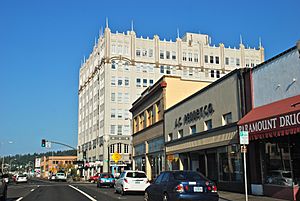 Downtown Astoria - Commercial St with former Hotel Astoria