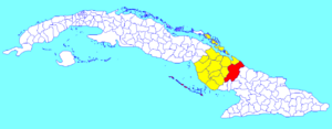 Guáimaro municipality (red) within  Camagüey Province (yellow) and Cuba