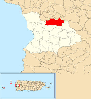 Location of Leguísamo within the municipality of Mayagüez shown in red
