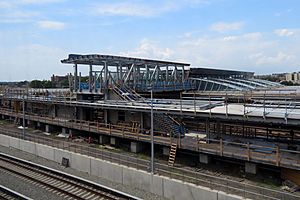 Platform F construction from AirTrain, August 2019