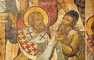 Saint Nicholas of Myra slapping Arius at the Council of Nicaea Greek Icon