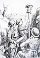 A drawing shows three soldiers raising a dummy head on a stick above a trench parapet. A cigarette hangs from the dummy's mouth. One man holds a periscope at the ready.