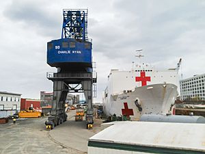 USNS Comfort in Boston dry dock from viewing stand