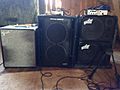 Bass amps with cabinets - Fender cab, Genz-Benz head & cab, Aguilar head & cab (by Don Wright)