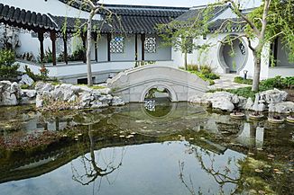 Bridge reflecting in lake inside Dunedin Chinese Garden