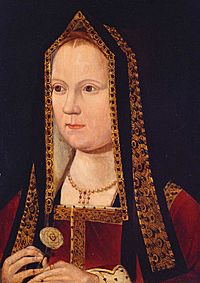 portrait of Elizabeth of York in a red dress with gold embroidery and ermine, holding a white ros ein her right hand