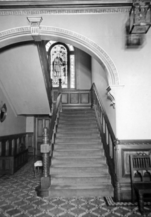 Queensland State Archives 1482 View at Government House Main Stairway stained glass window shows Robert Bruce 11 May 1950