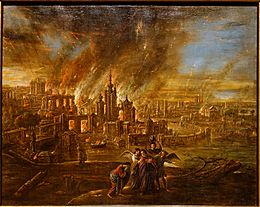 Sodom and Gomorrah afire, by Jacob Jacobsz. de Wet d. J., probably Köln, c. 1680, oil on canvas - Hessisches Landesmuseum Darmstadt - Darmstadt, Germany - DSC01149