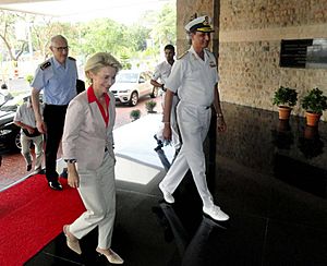 German Defence Minister Ursula von der Leyen after being received by Vice Admiral AR Karve, Chief of Staff, Western Naval Command