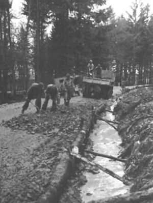 ENGINEERS REPAIR A ROAD in the Huertgen Forest, 25 November