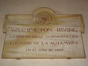 Placa en recuerdo a Washington Irving en la Alhambra