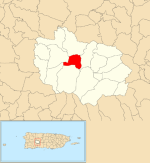 Location of Yayales barrio within the municipality of Adjuntas shown in red