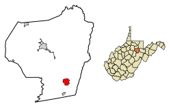 Location of Belington in Barbour County, West Virginia.