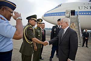Defense.gov News Photo 100722-D-7203C-001 - Secretary of Defense Robert M. Gates is greeted by Indonesian military members after his arrival at the Halim Perdanakusuma International Airport
