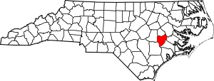 Map of North Carolina highlighting Lenoir County