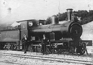 North Mount Lyell Railway Avonside 4-6-0 No. 1 "J. Crotty" at Kelly Basin, circa 1900 (11658911376)
