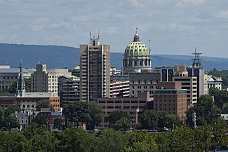 Downtown Harrisburg with City Island in foreground