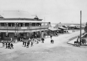 Scottish pipers in Churchill Street ,Childers, passing the Federal Hotel, November 1908f
