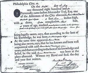 Seaman's Protection Certificate issued to James Forten Dunbar on 12 July 1810 at Philadlphia Pa