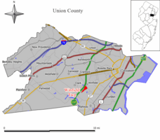 Map of Winfield Township in Union County. Inset: Location of Union County highlighted in the State of New Jersey.