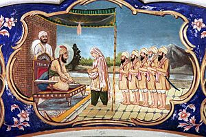 Sikh fresco art depicting the creation of the Khalsa in Anandpur 1699 on Vaisakhi