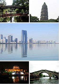 Landmarks of Suzhou — top left: Humble Administrator's Garden; top right: Yunyan Pagoda in Tiger Hill; middle: Skyline of Jinji Lake; bottom left: Changmen Gate in night; bottom right: Shantang Canal