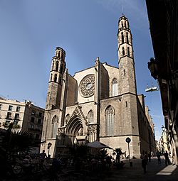 stone gothic facade with rose window and two towers