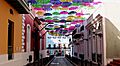 Calle Fortaleza with umbrellas in Old San Juan, Puerto Rico