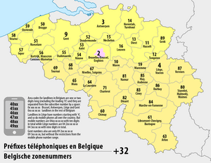 Map of the phone area codes of Belgium