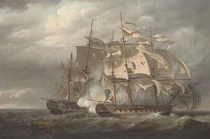 Nicholas Pocock - The capture of the French Frigate Tamise (formerly H.M.S. Thames) by H.M.S. Santa Margarita, under the command of Captain T. Byam Martin, off the Scilly Isles, 8th June 1796 CSK 2006