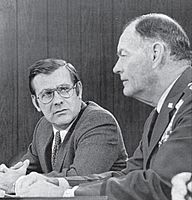 Secretary of Defense Donald Rumsfeld and Chairman of the Joint Chiefs of Staff General George S. Brown at a press conference in the Pentagon